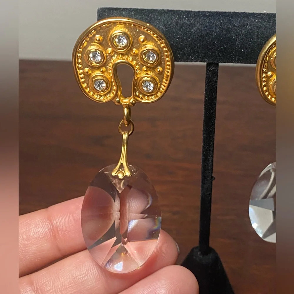 Gold Tone Drop Earrings | Faceted Clear Dangles Statement - Picture 8 of 11